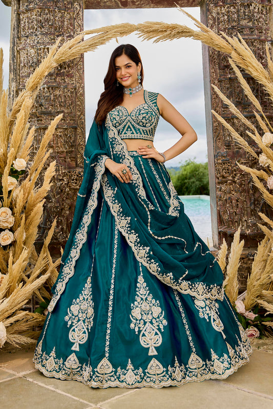 Rama Green Silk Fabric Beads & Sequined Embroidery Bridal Lehenga Choli