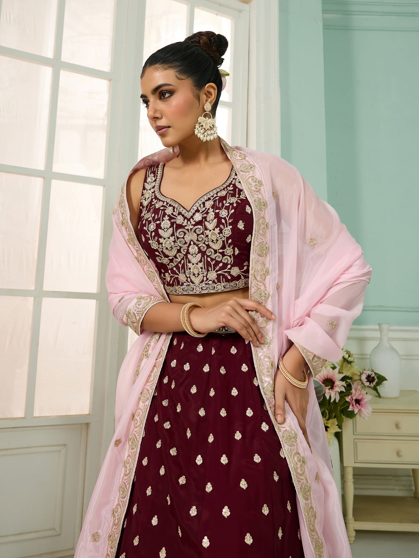 Maroon Organza Sequins Embroidery Bridesmaid Lehenga
