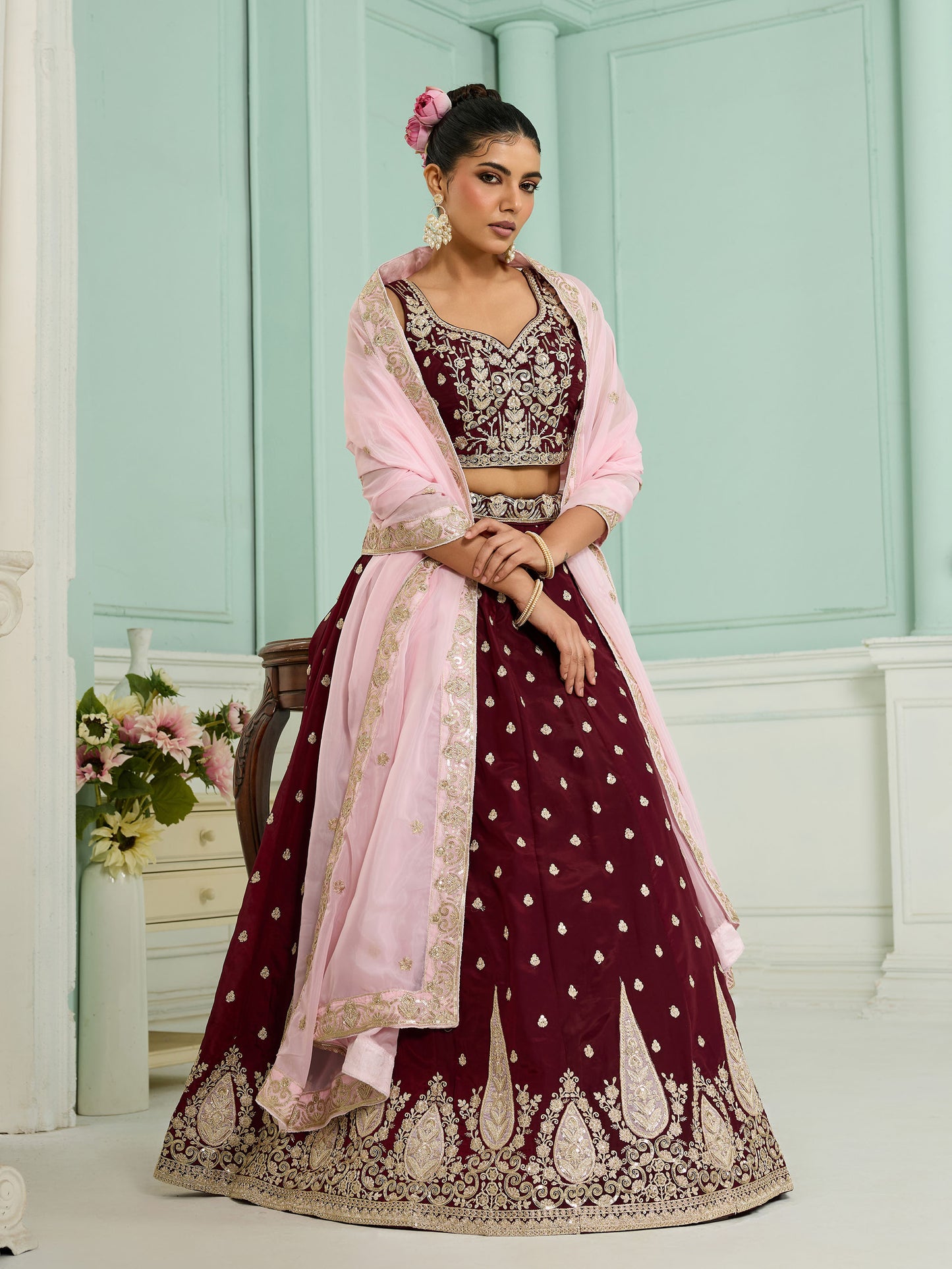 Maroon Organza Sequins Embroidery Bridesmaid Lehenga
