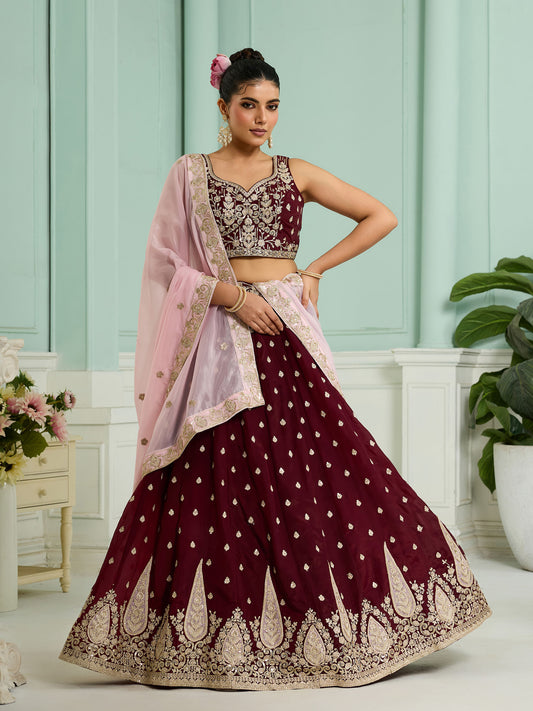 Maroon Organza Sequins Embroidery Bridesmaid Lehenga