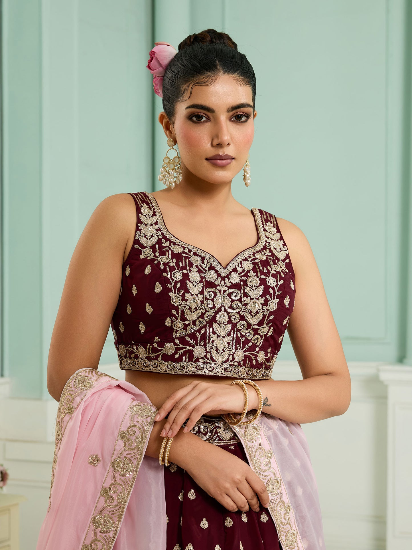 Maroon Organza Sequins Embroidery Bridesmaid Lehenga