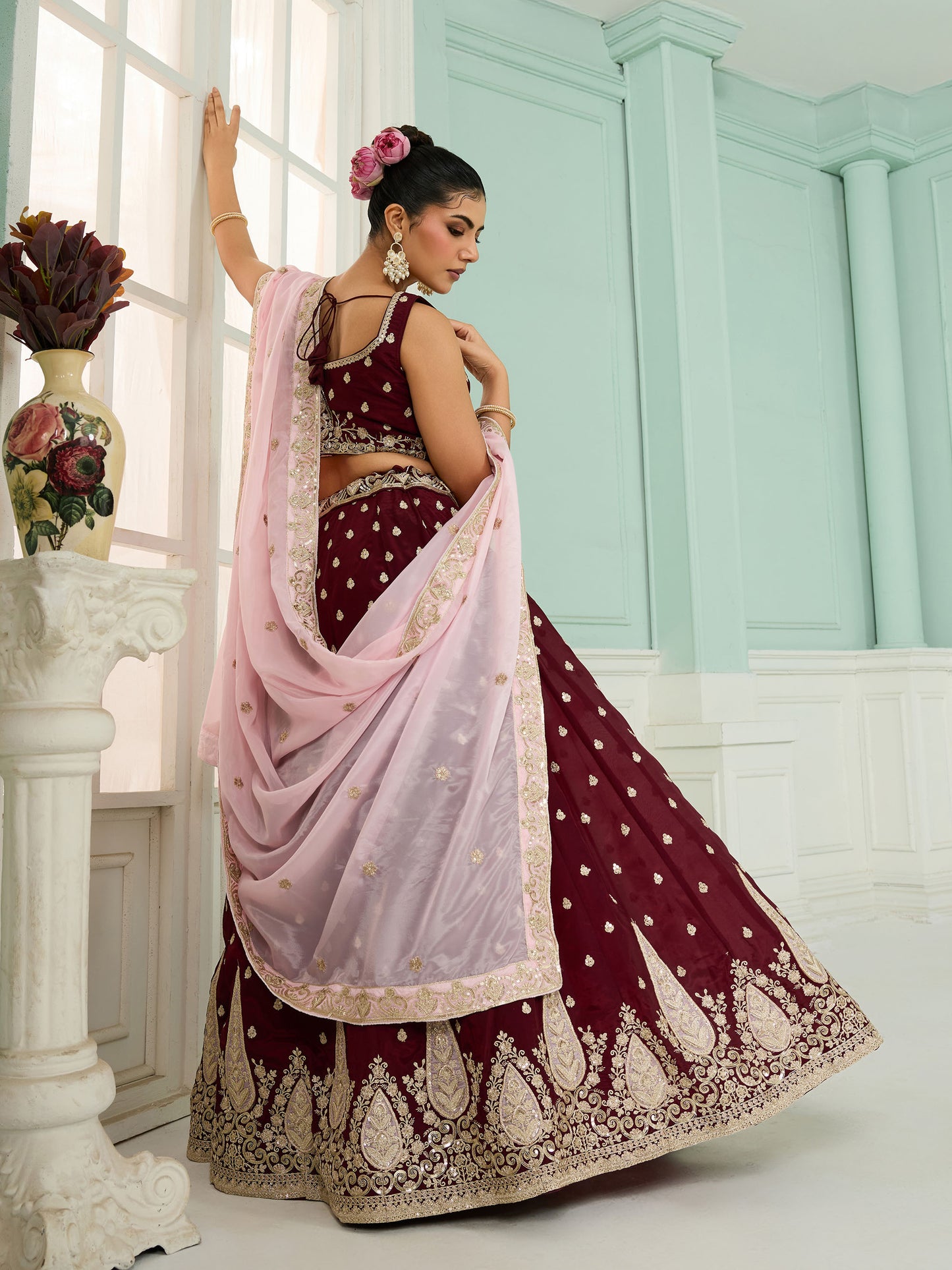 Maroon Organza Sequins Embroidery Bridesmaid Lehenga