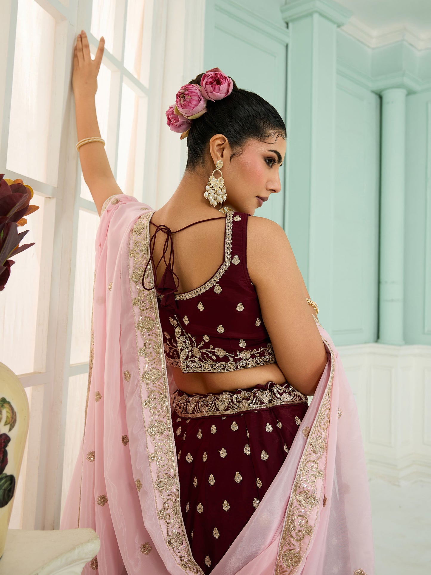 Maroon Organza Sequins Embroidery Bridesmaid Lehenga