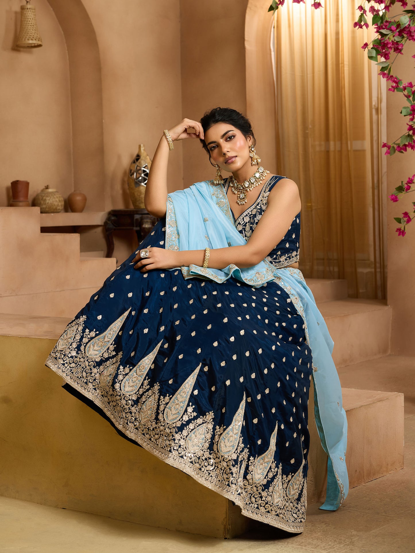 Navy Blue  Organza Sequins Embroidery Bridesmaid Lehenga
