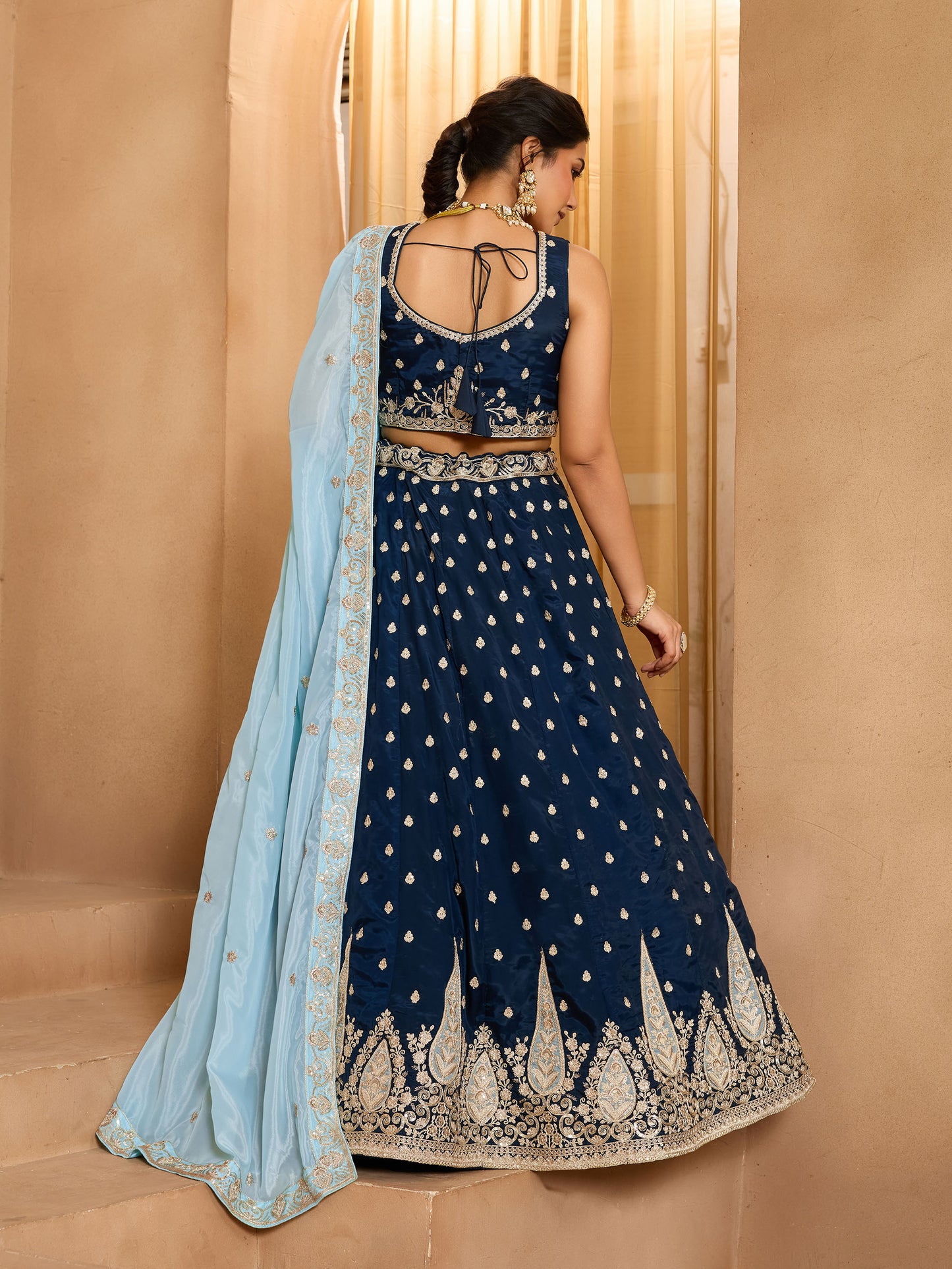 Navy Blue  Organza Sequins Embroidery Bridesmaid Lehenga