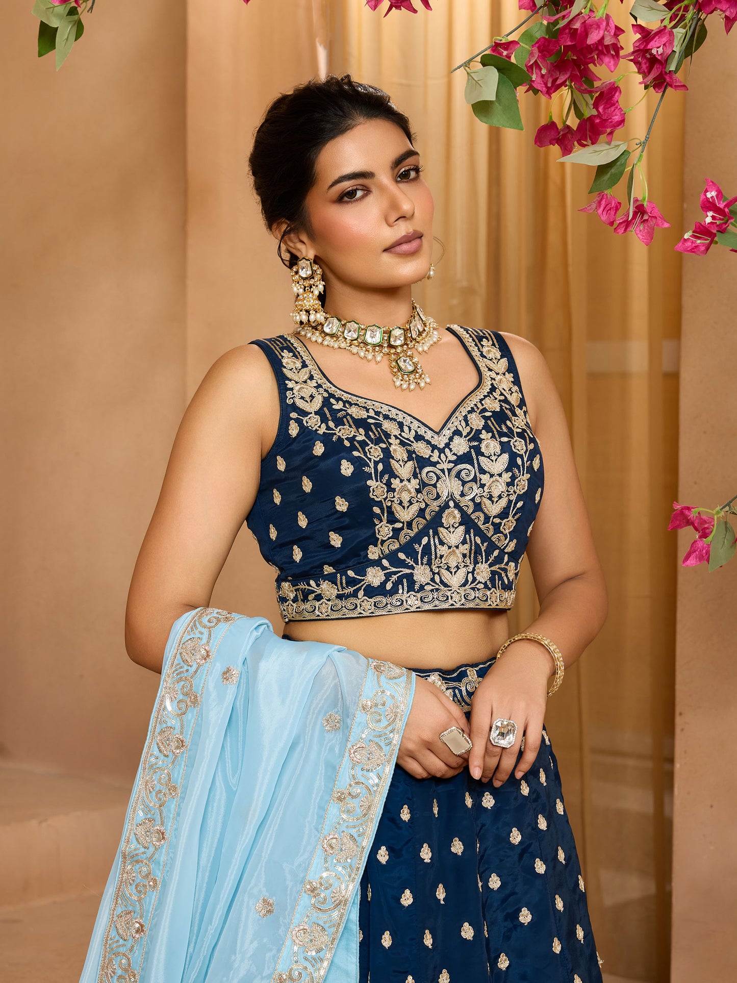 Navy Blue  Organza Sequins Embroidery Bridesmaid Lehenga