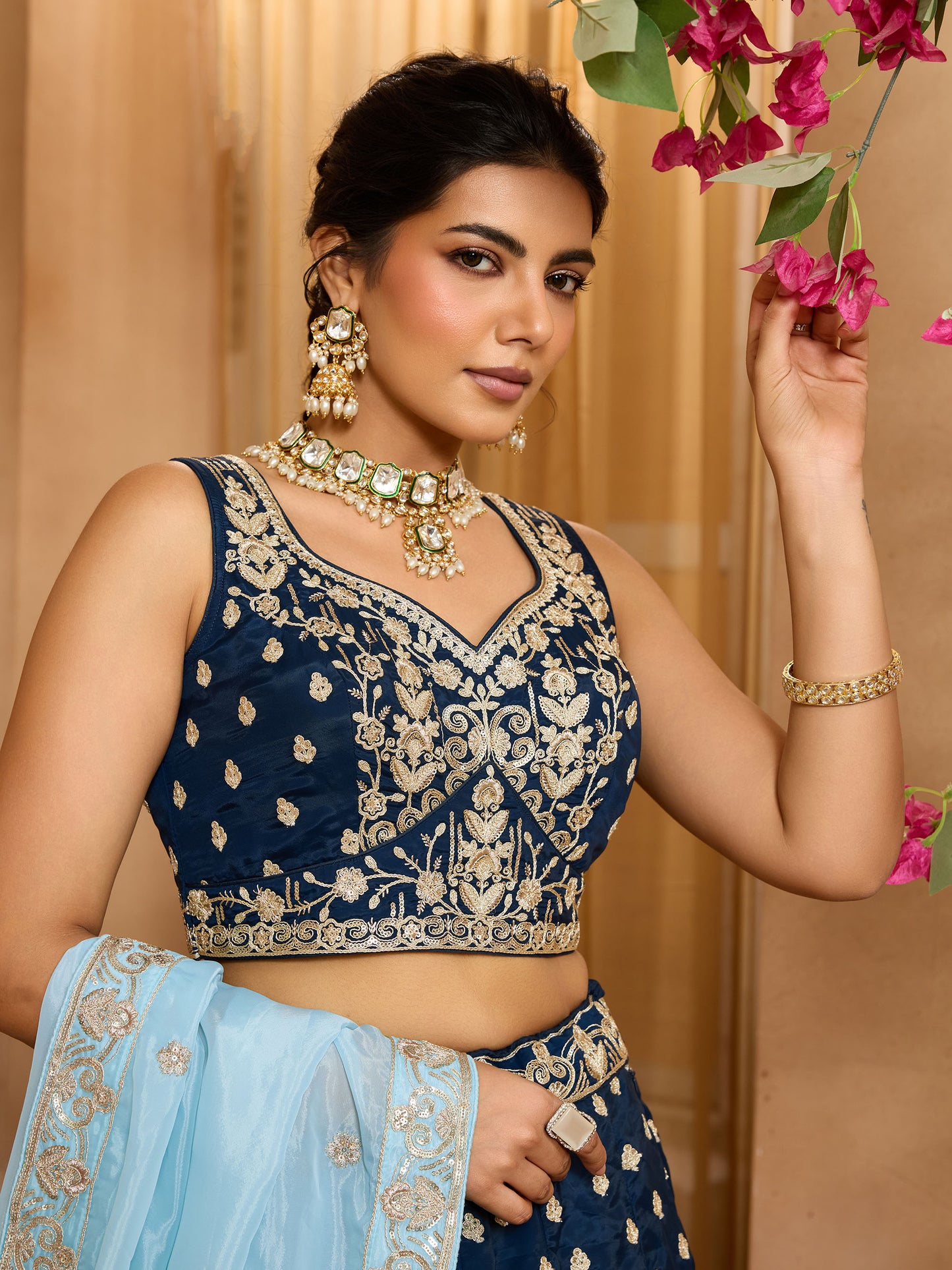 Navy Blue  Organza Sequins Embroidery Bridesmaid Lehenga