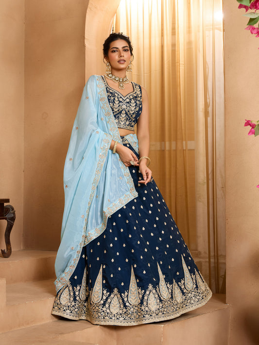 Navy Blue  Organza Sequins Embroidery Bridesmaid Lehenga