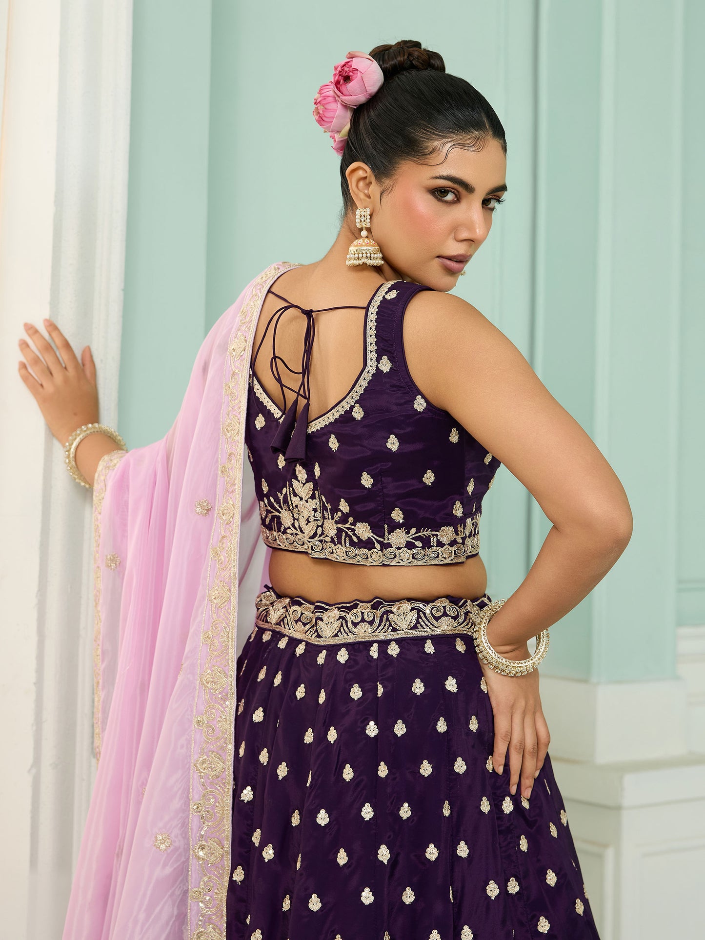 Purple Organza Sequins Embroidery Bridesmaid Lehenga
