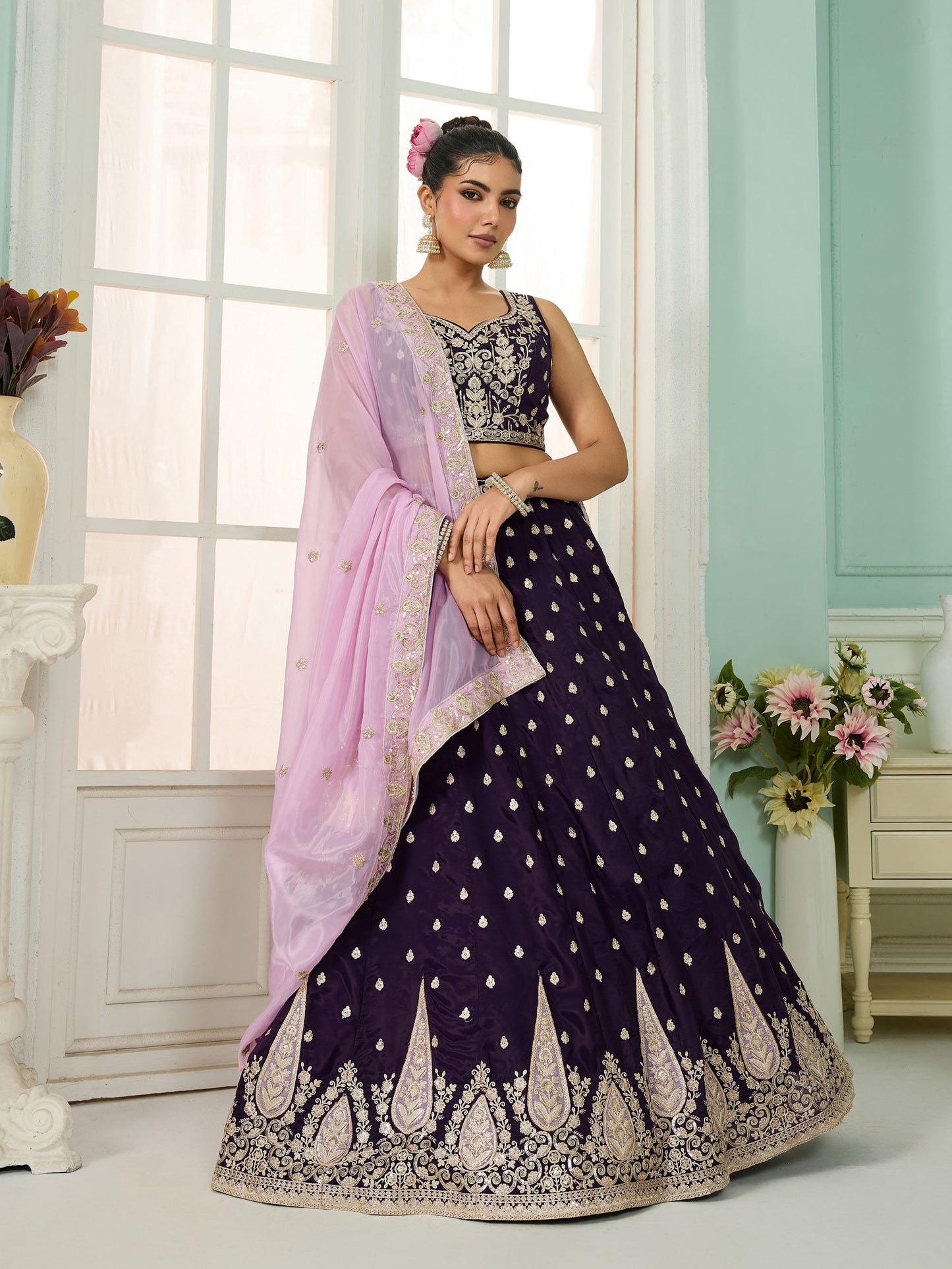 Purple Organza Sequins Embroidery Bridesmaid Lehenga