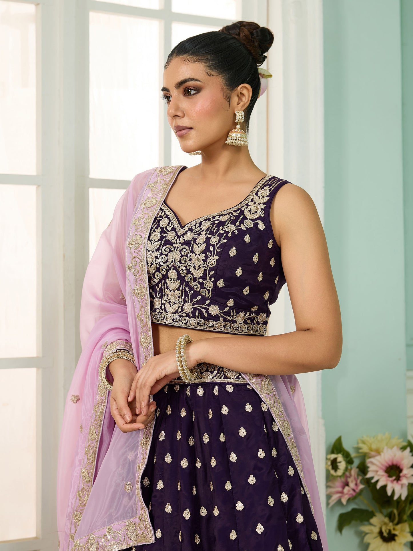 Purple Organza Sequins Embroidery Bridesmaid Lehenga
