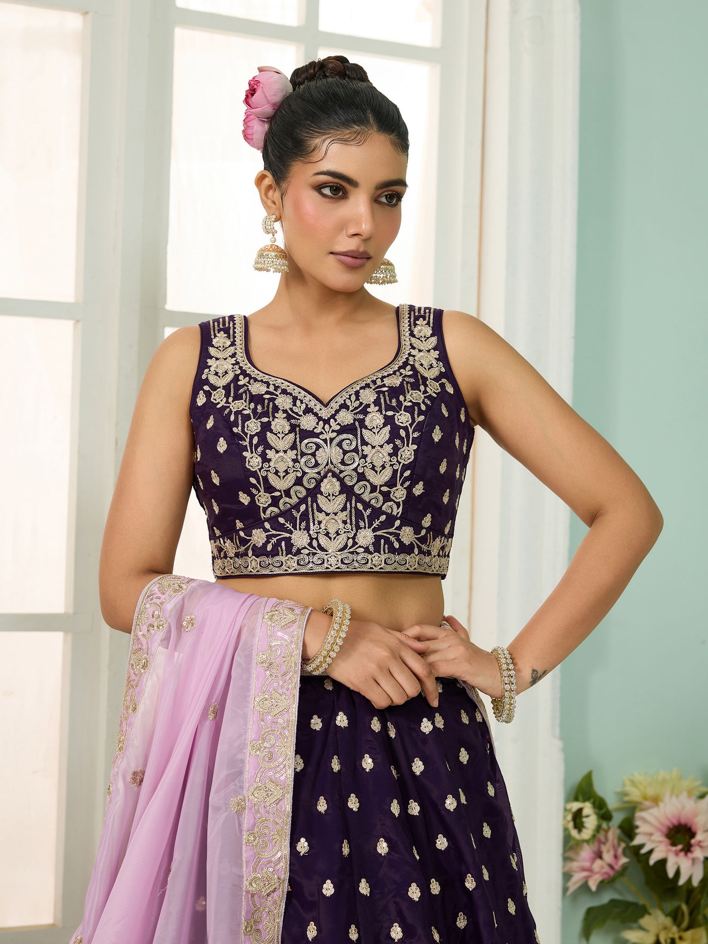 Purple Organza Sequins Embroidery Bridesmaid Lehenga