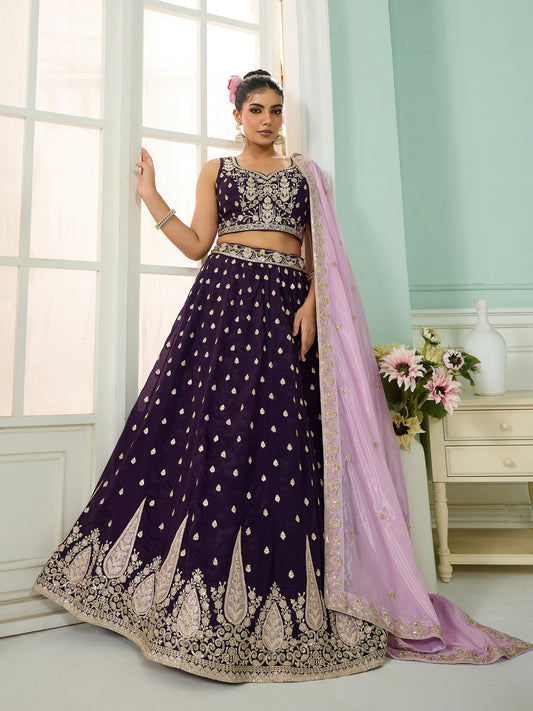 Purple Organza Sequins Embroidery Bridesmaid Lehenga