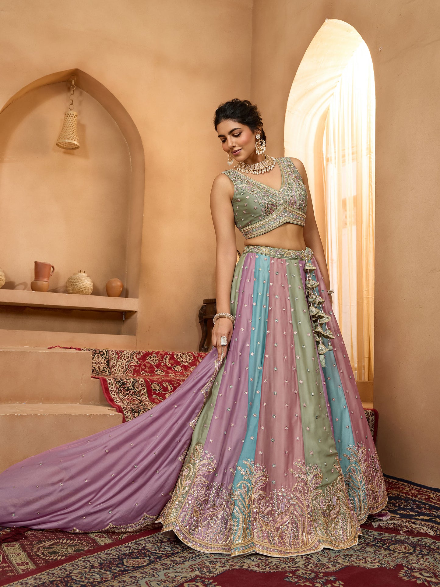 Lavender Georgette Sequins Embroidery Bridesmaid Lehenga for Wedding