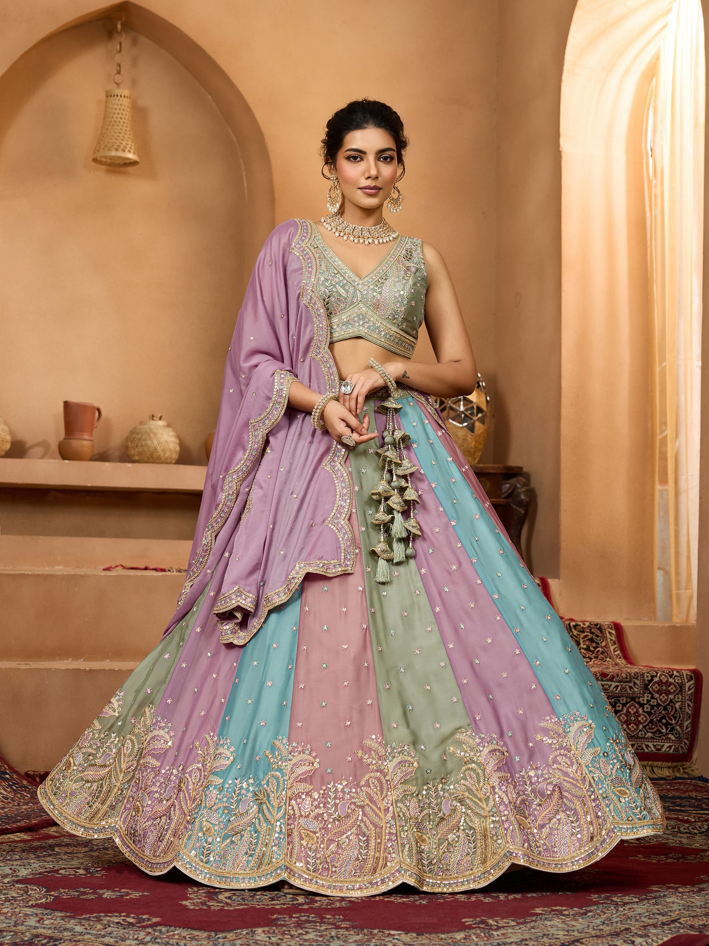 Lavender Georgette Sequins Embroidery Bridesmaid Lehenga for Wedding