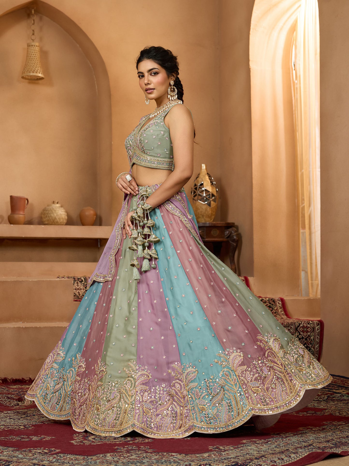 Lavender Georgette Sequins Embroidery Bridesmaid Lehenga for Wedding