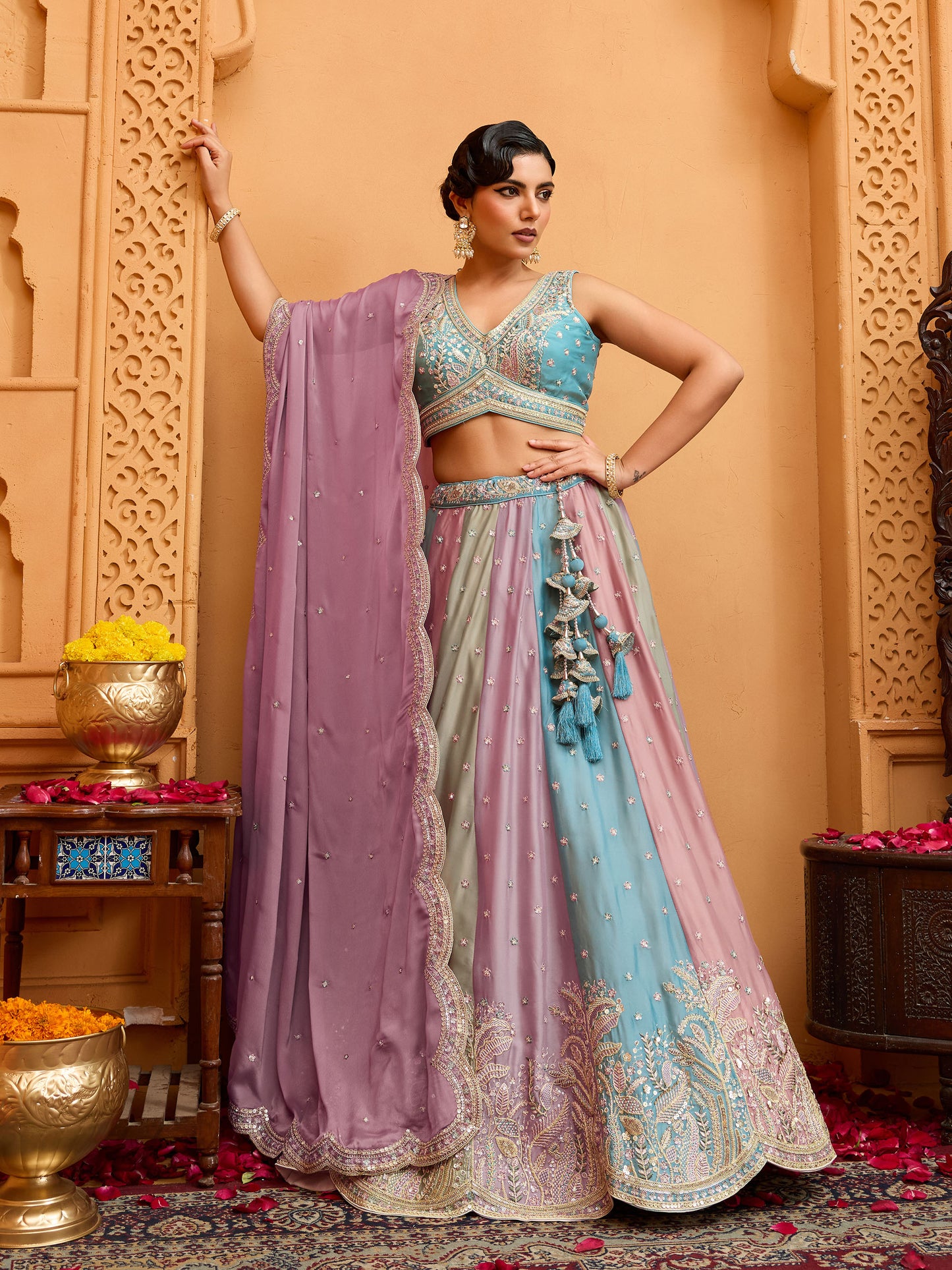 Peach Georgette Sequins Embroidery Bridesmaid Lehenga for Wedding