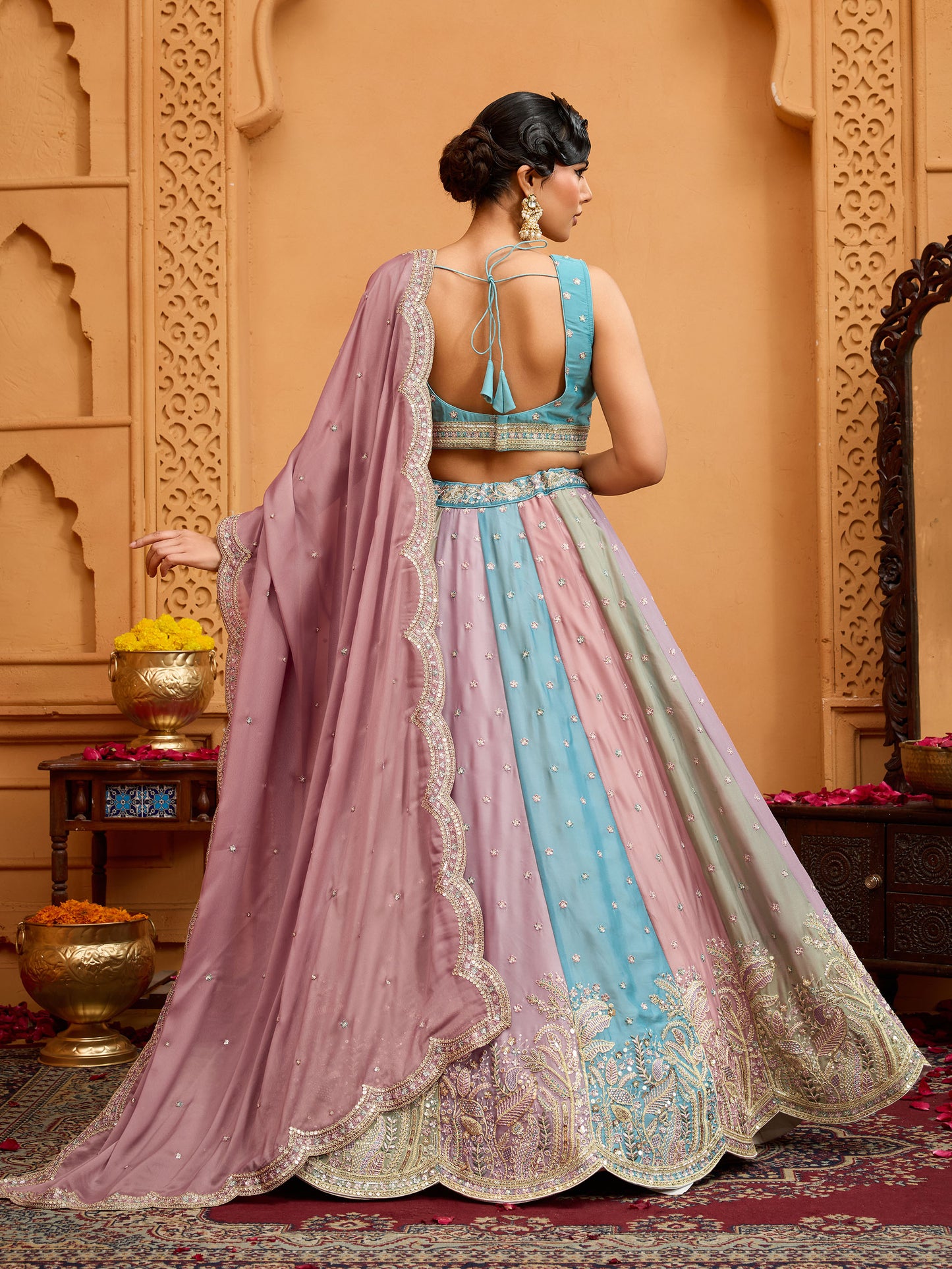 Peach Georgette Sequins Embroidery Bridesmaid Lehenga for Wedding