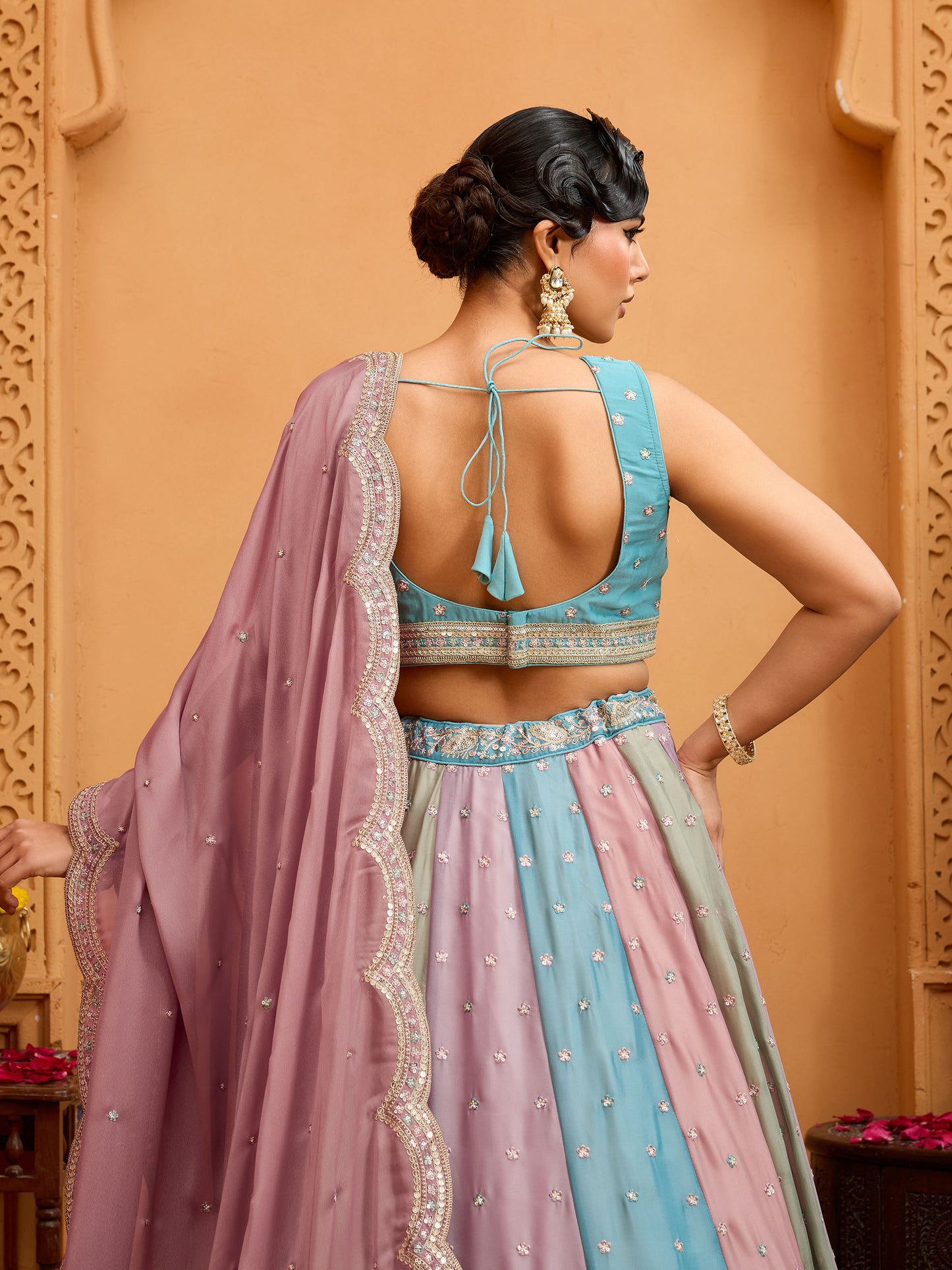 Peach Georgette Sequins Embroidery Bridesmaid Lehenga for Wedding