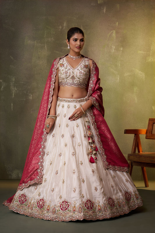 Beige Tissue Sequins, Thread & Embroidery Lehenga With Pink Dupatta for Bridesmaid