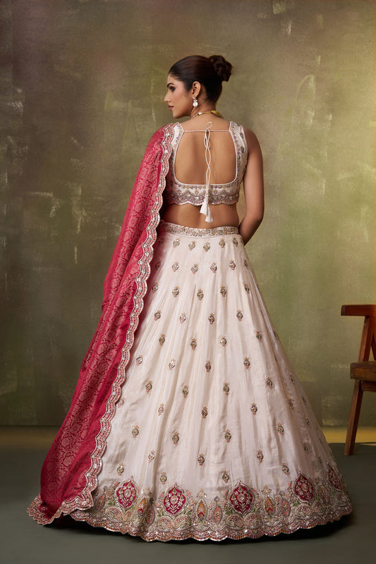 Beige Tissue Sequins, Thread & Embroidery Lehenga With Pink Dupatta for Bridesmaid