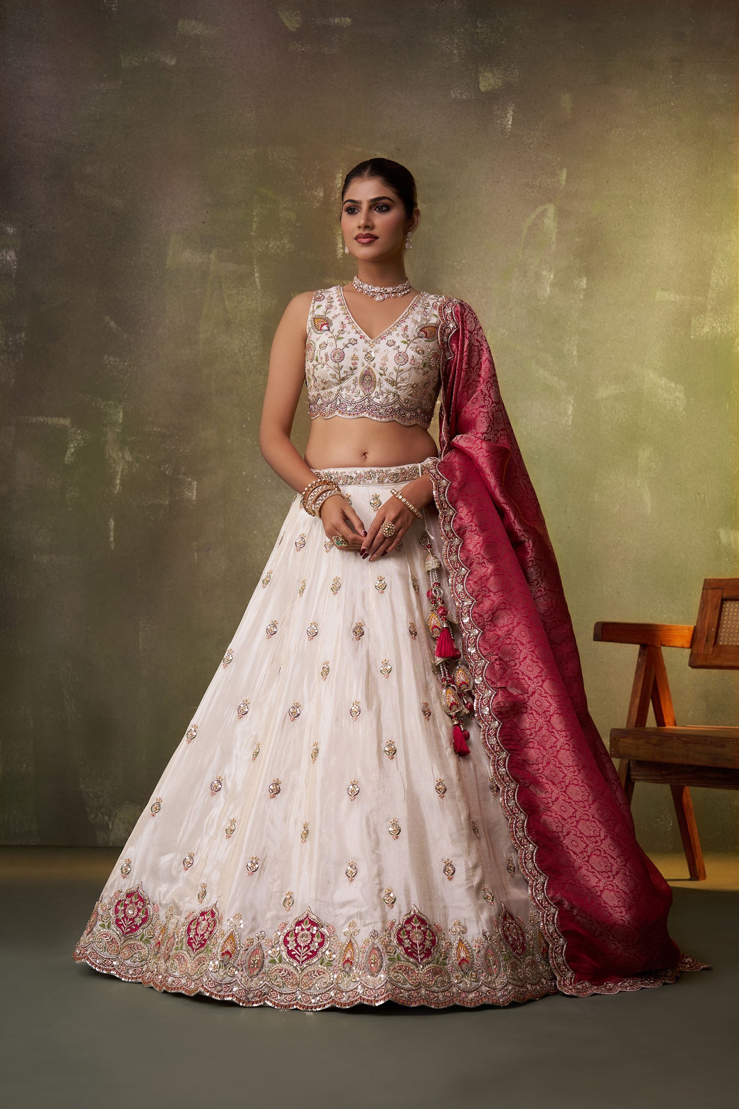 Beige Tissue Sequins, Thread & Embroidery Lehenga With Pink Dupatta for Bridesmaid
