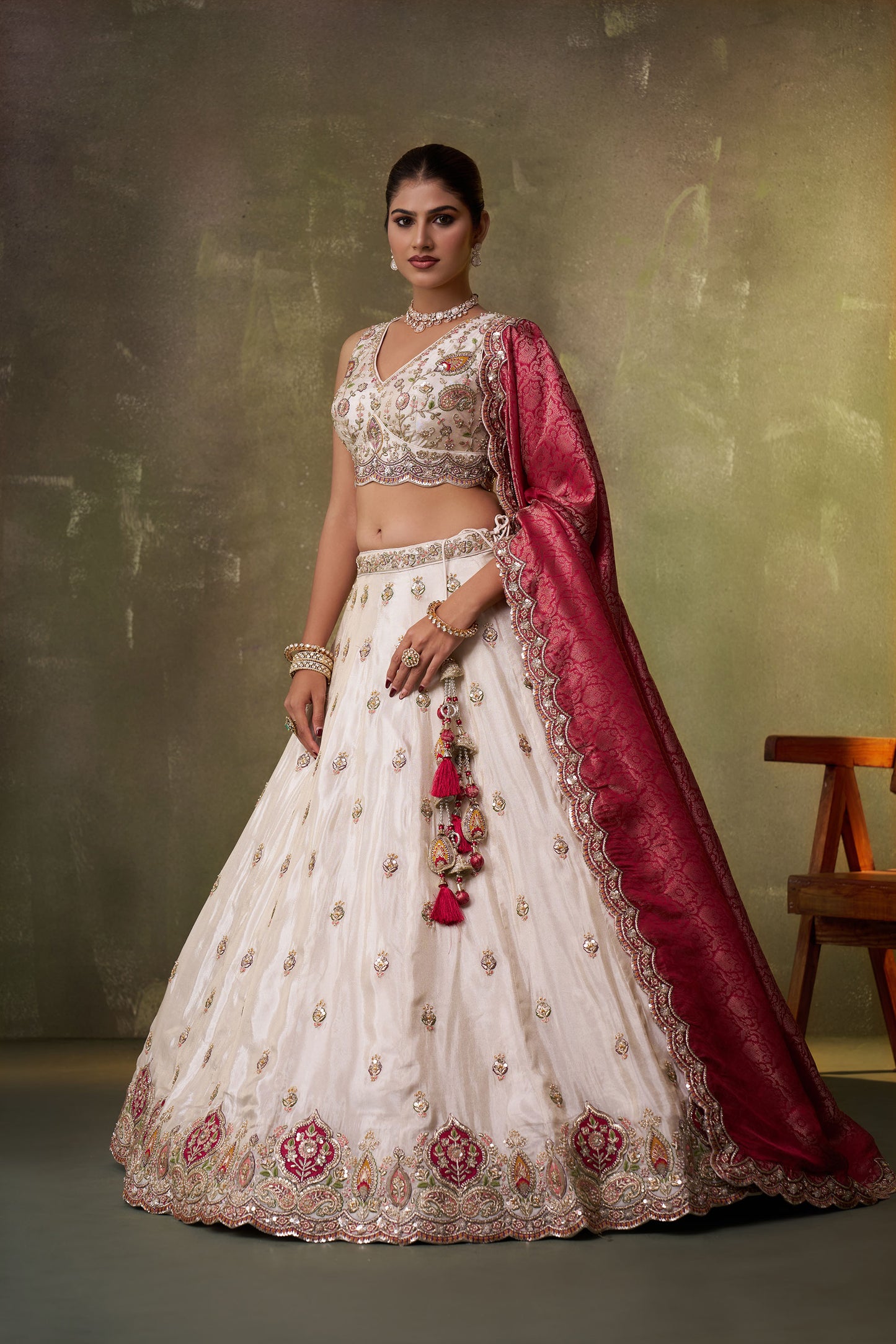 Beige Tissue Sequins, Thread & Embroidery Lehenga With Pink Dupatta for Bridesmaid