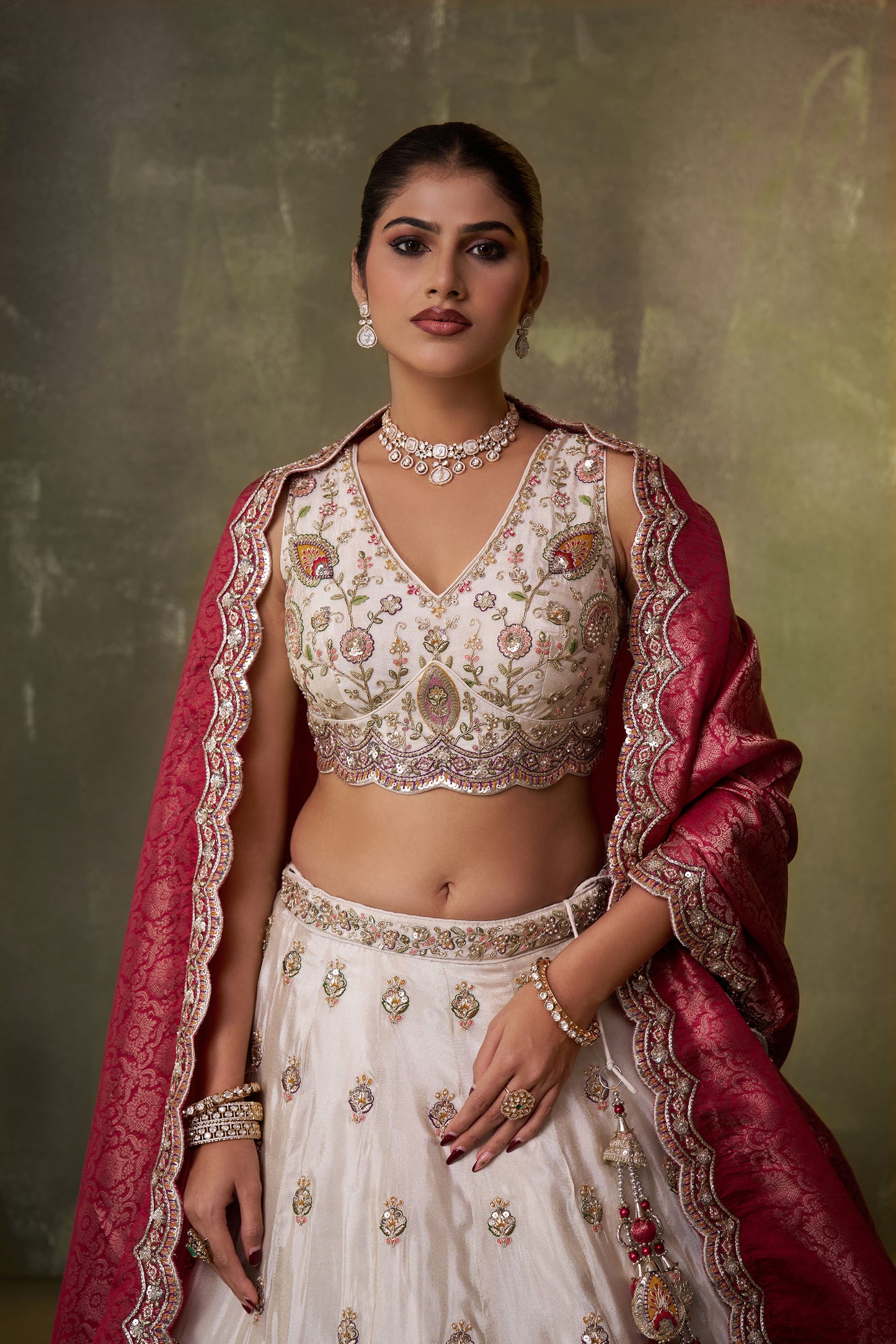Beige Tissue Sequins, Thread & Embroidery Lehenga With Pink Dupatta for Bridesmaid
