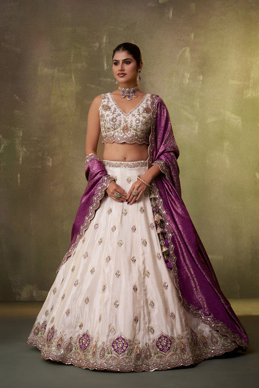 Beige Tissue Sequins, Thread & Embroidery Engagement Lehenga