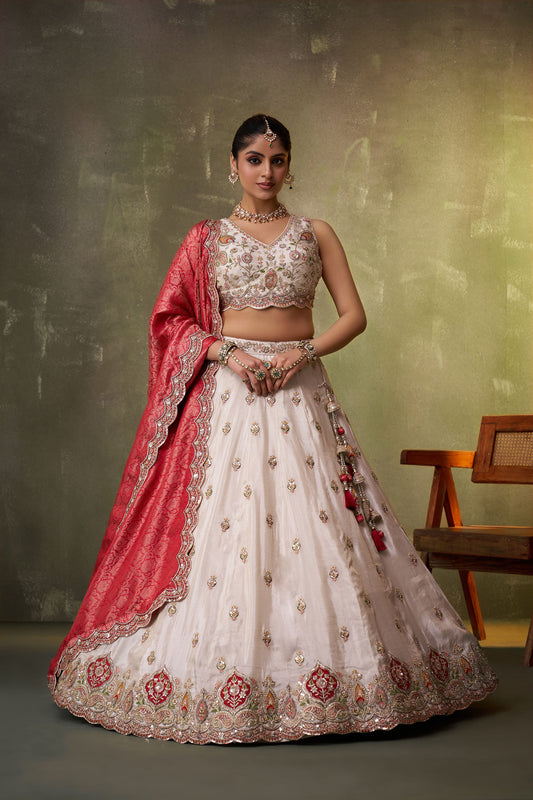 Beige Tissue Sequins, Thread & Embroidery Lehenga With Red Dupatta for Engagement