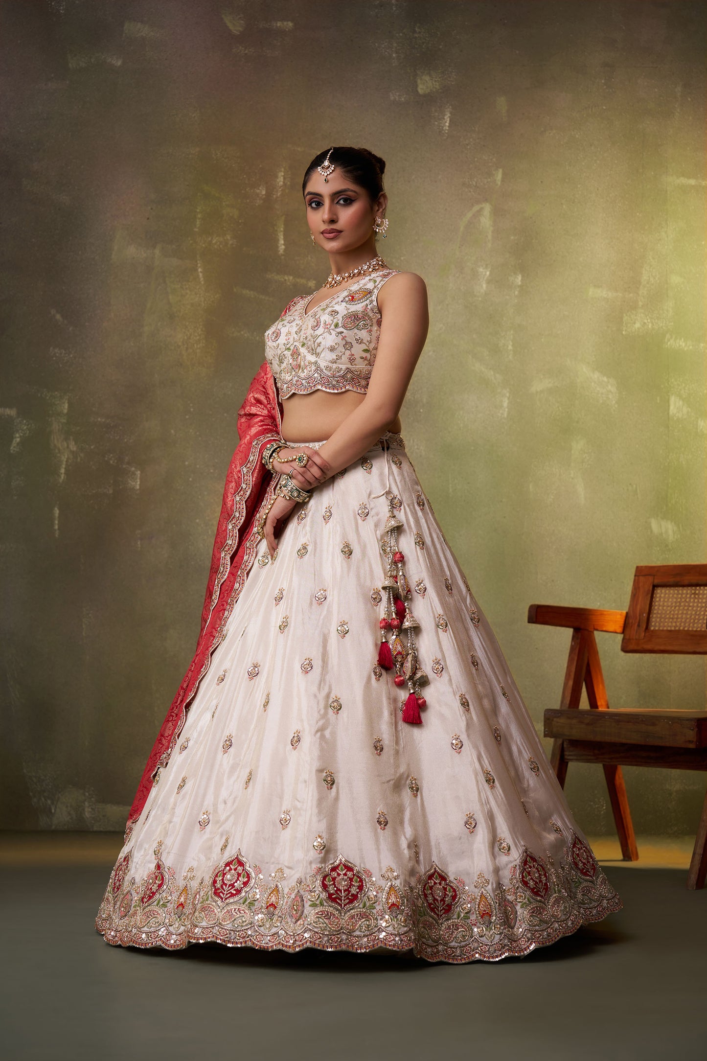 Beige Tissue Sequins, Thread & Embroidery Lehenga With Red Dupatta for Engagement