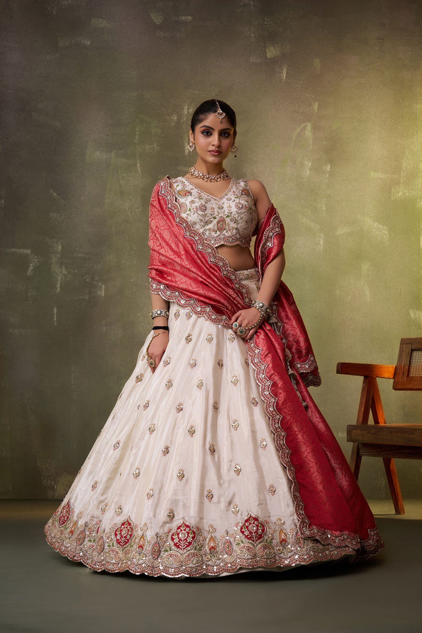 Beige Tissue Sequins, Thread & Embroidery Lehenga With Red Dupatta for Engagement