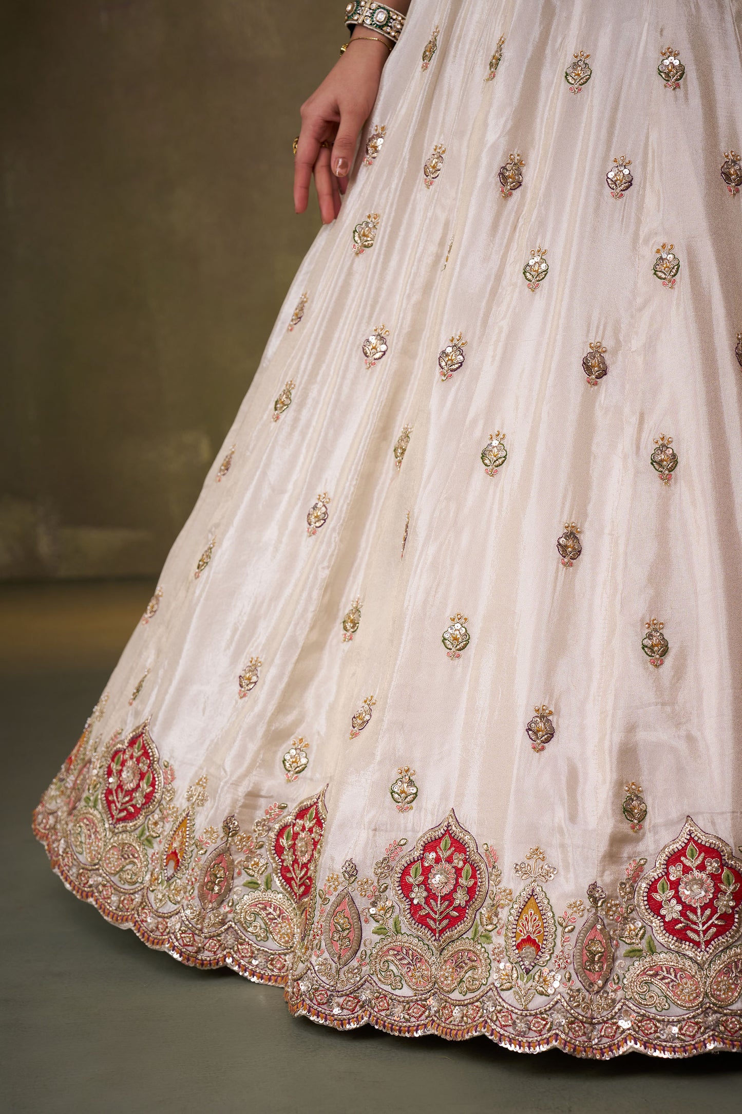 Beige Tissue Sequins, Thread & Embroidery Lehenga With Red Dupatta for Engagement