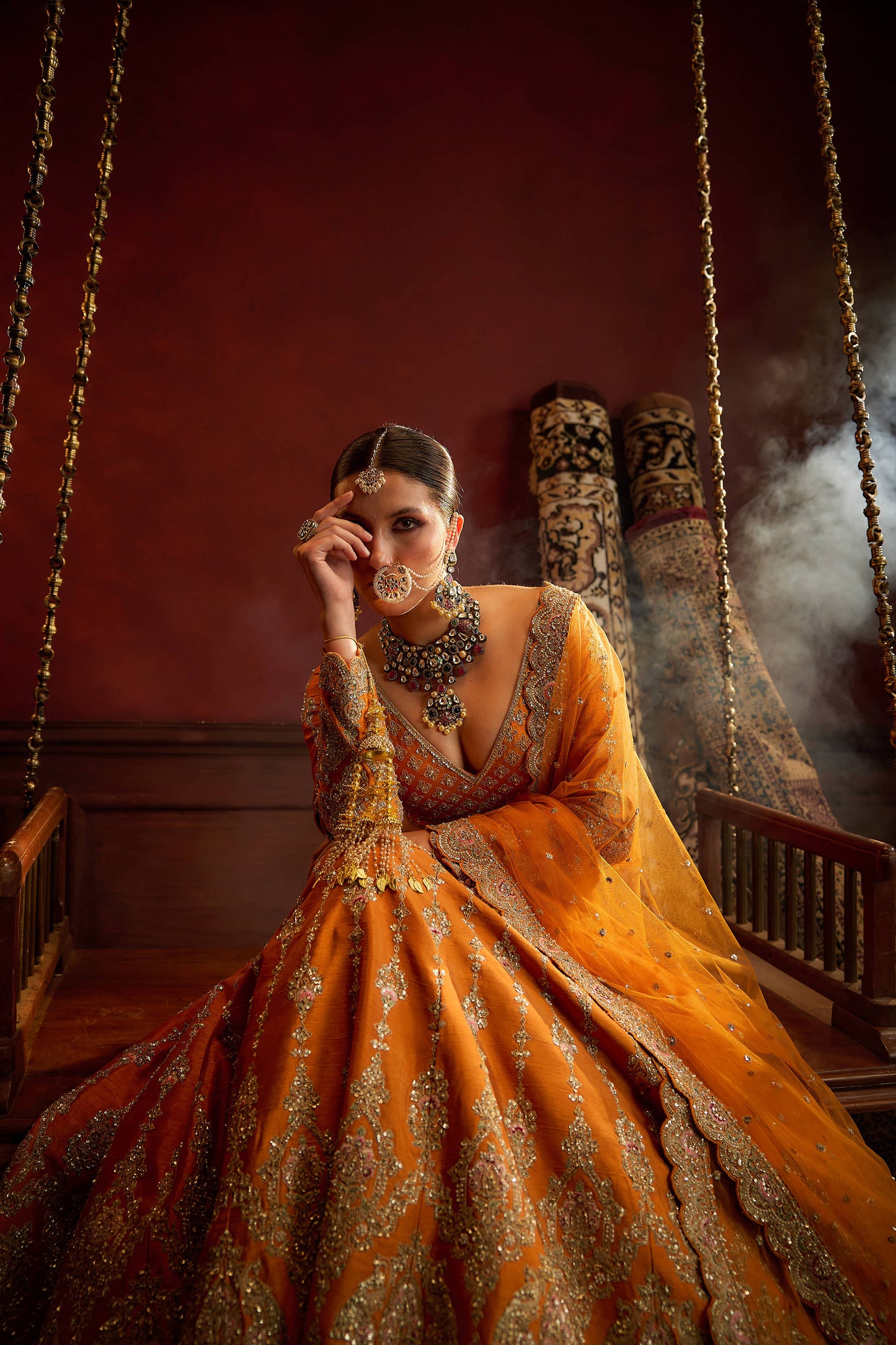 Rust Raw Silk Hand & Machine Embroidered Lehenga Set