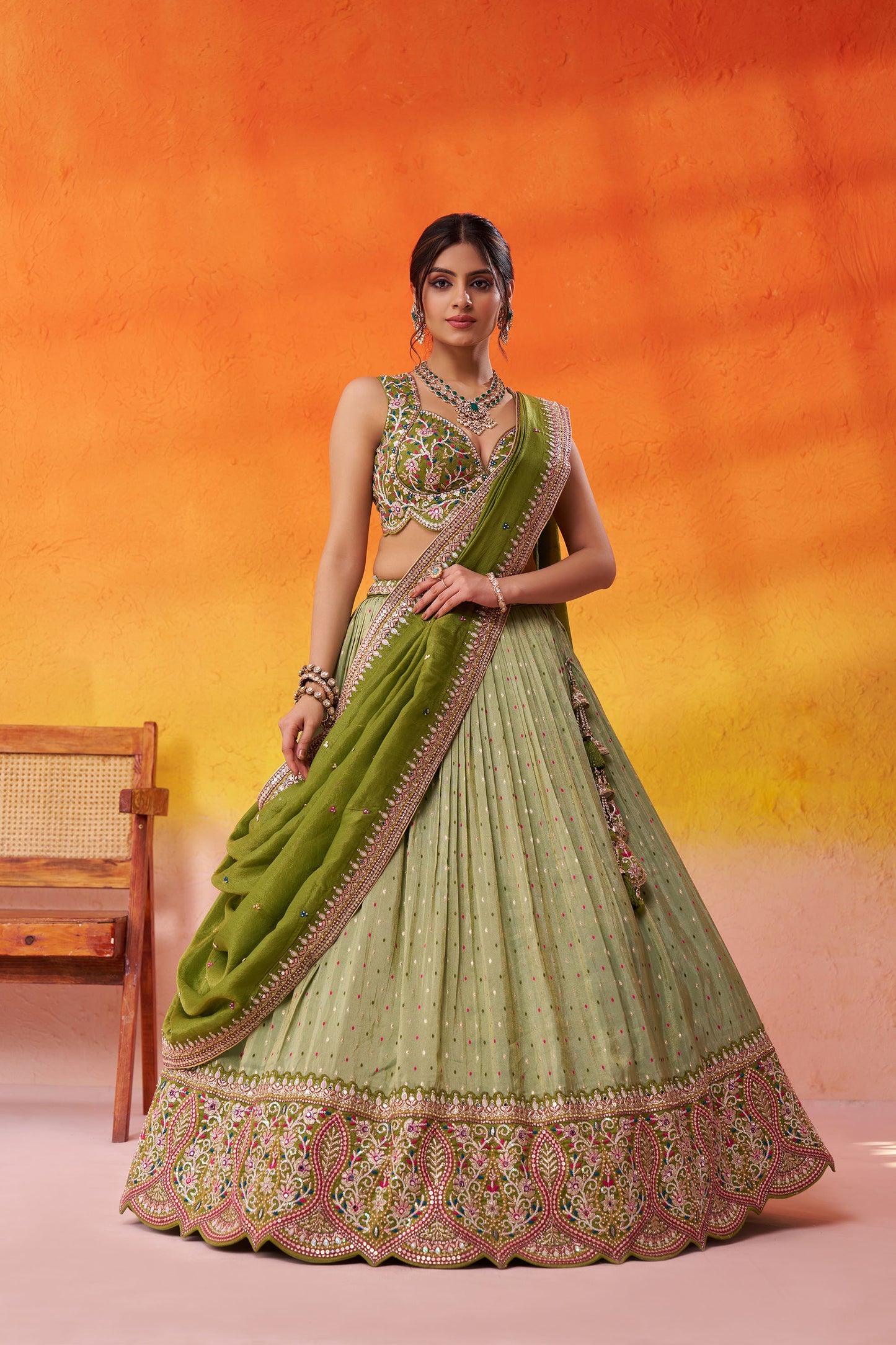 Lime Green Jacquard Tissue Sequins Thread & Embroidery Mehendi Lehenga