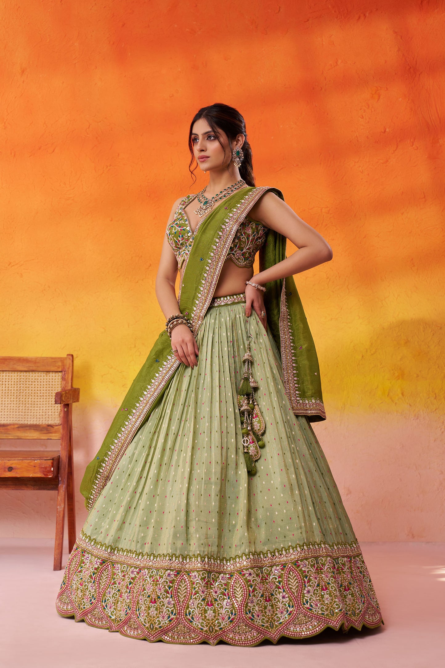 Lime Green Jacquard Tissue Sequins Thread & Embroidery Mehendi Lehenga