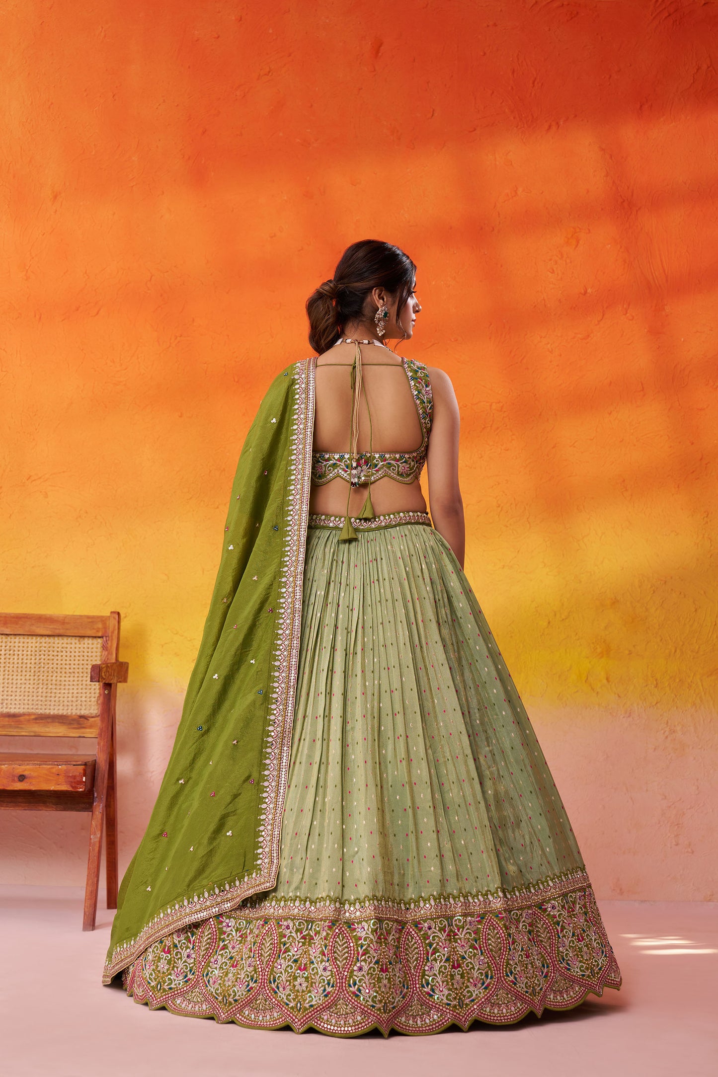 Lime Green Jacquard Tissue Sequins Thread & Embroidery Mehendi Lehenga