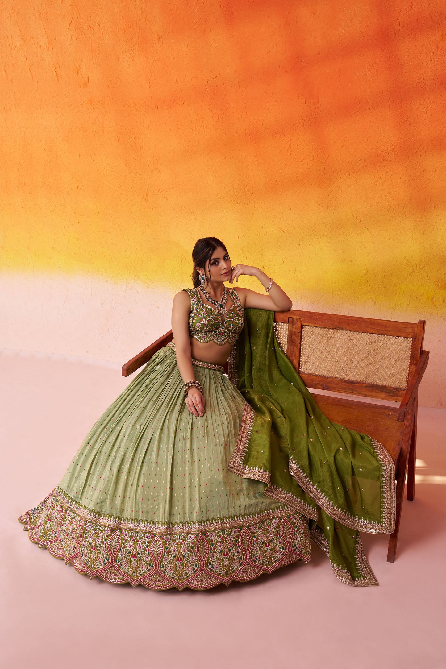 Lime Green Jacquard Tissue Sequins Thread & Embroidery Mehendi Lehenga
