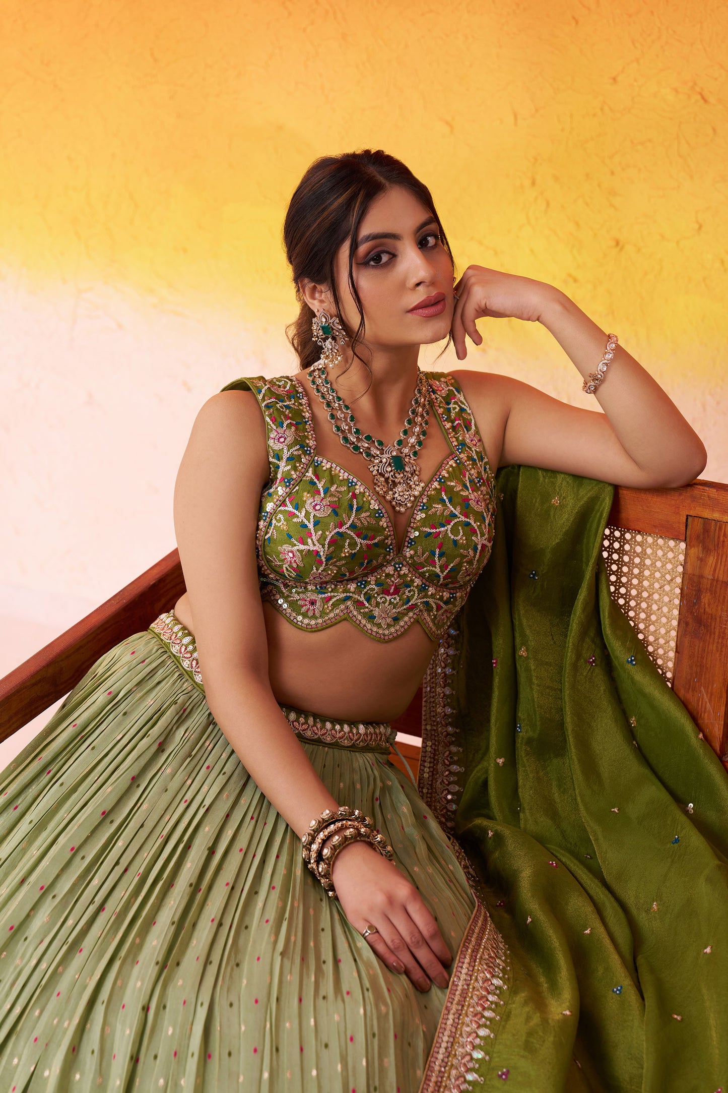 Lime Green Jacquard Tissue Sequins Thread & Embroidery Mehendi Lehenga