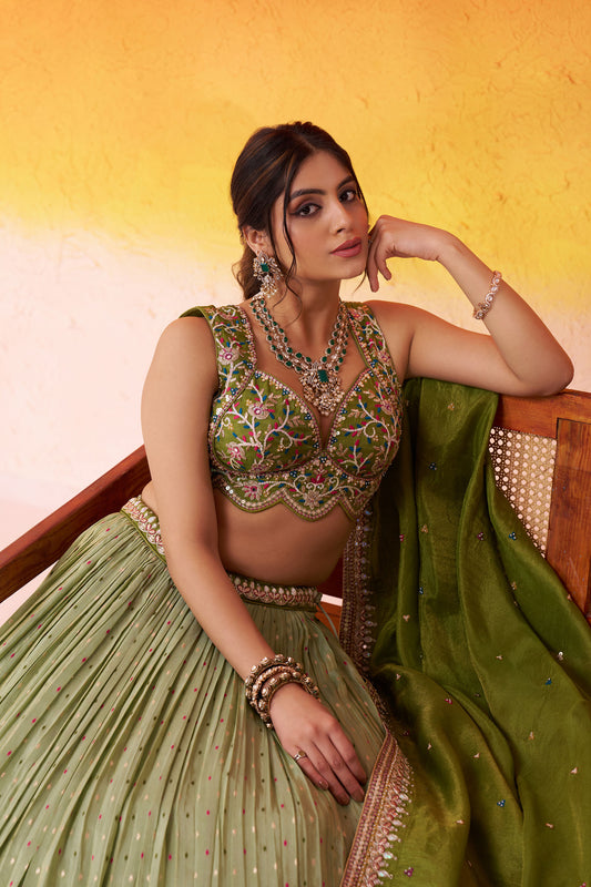 Lime Green Jacquard Tissue Sequins Thread & Embroidery Mehendi Lehenga
