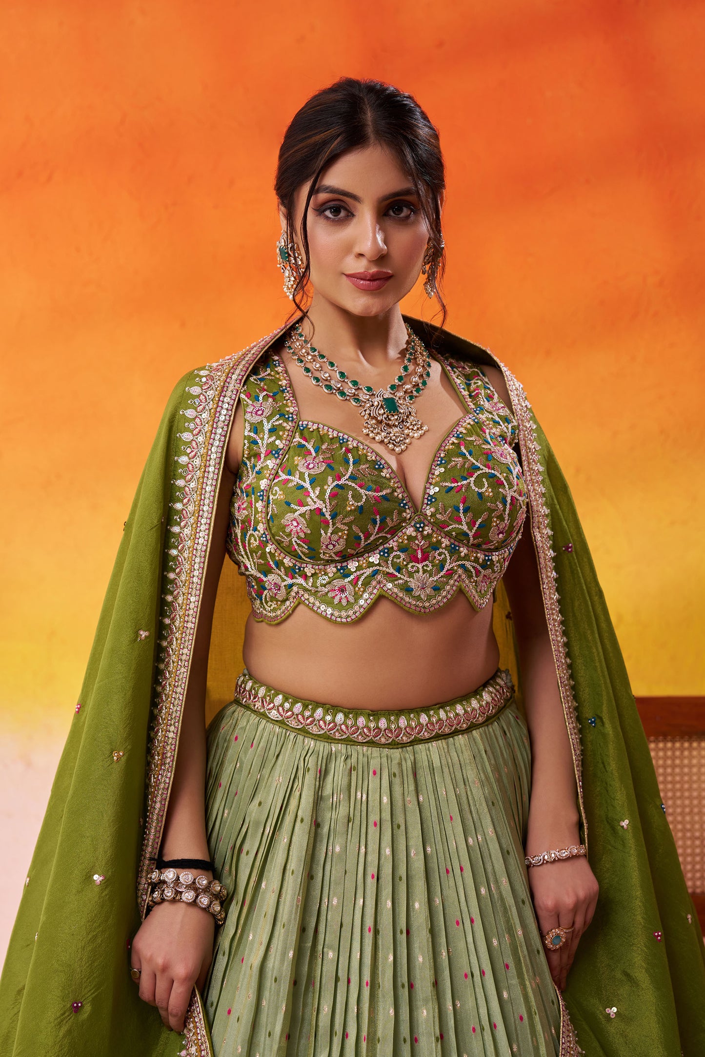 Lime Green Jacquard Tissue Sequins Thread & Embroidery Mehendi Lehenga