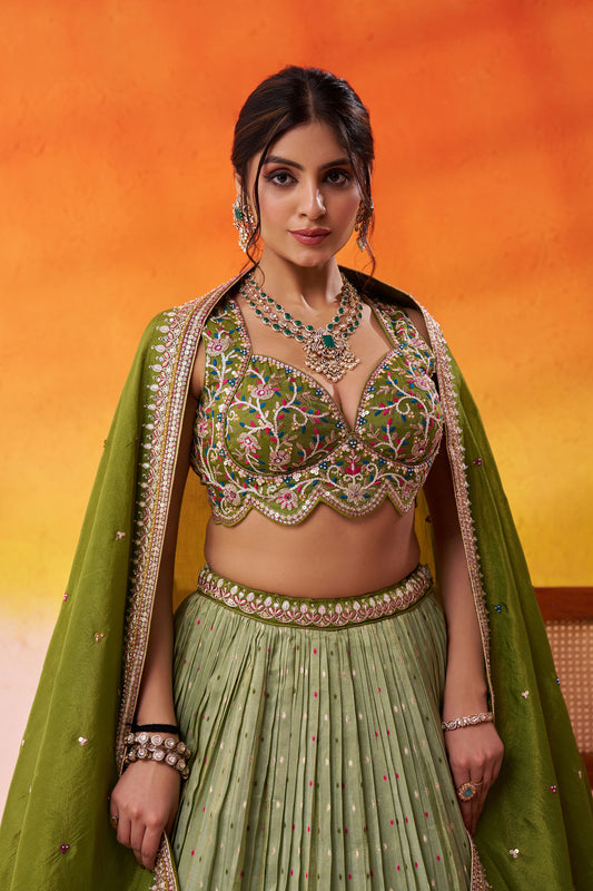 Lime Green Jacquard Tissue Sequins Thread & Embroidery Mehendi Lehenga