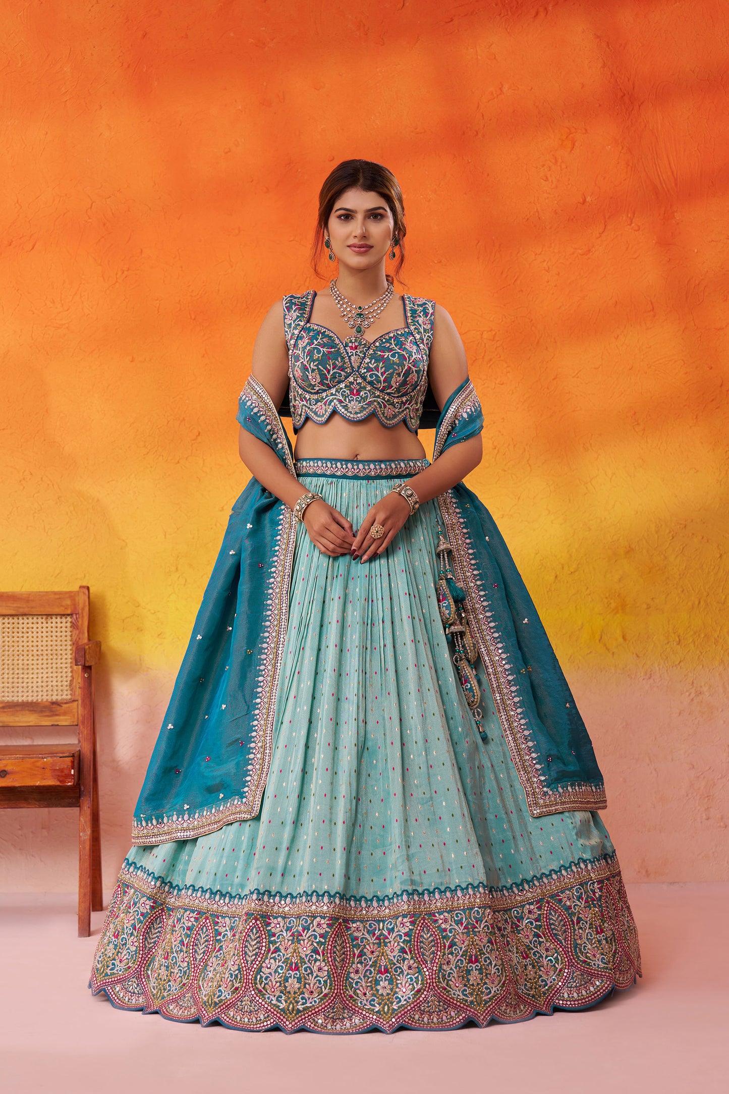 Turquoise Blue Jacquard Tissue Sequins Thread & Embroidery Wedding Guest Lehenga
