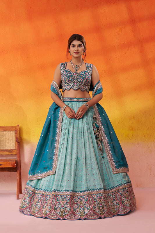 Turquoise Blue Jacquard Tissue Sequins Thread & Embroidery Wedding Guest Lehenga