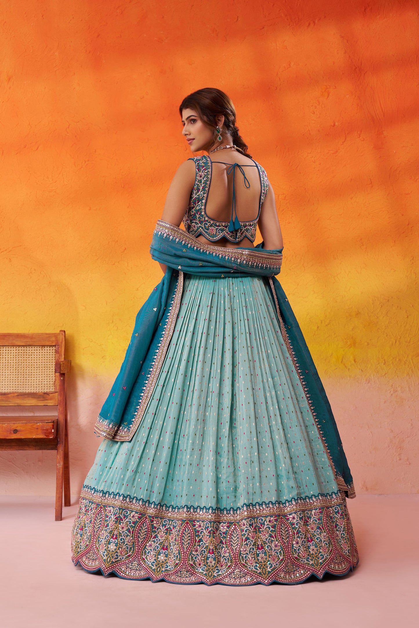 Turquoise Blue Jacquard Tissue Sequins Thread & Embroidery Wedding Guest Lehenga