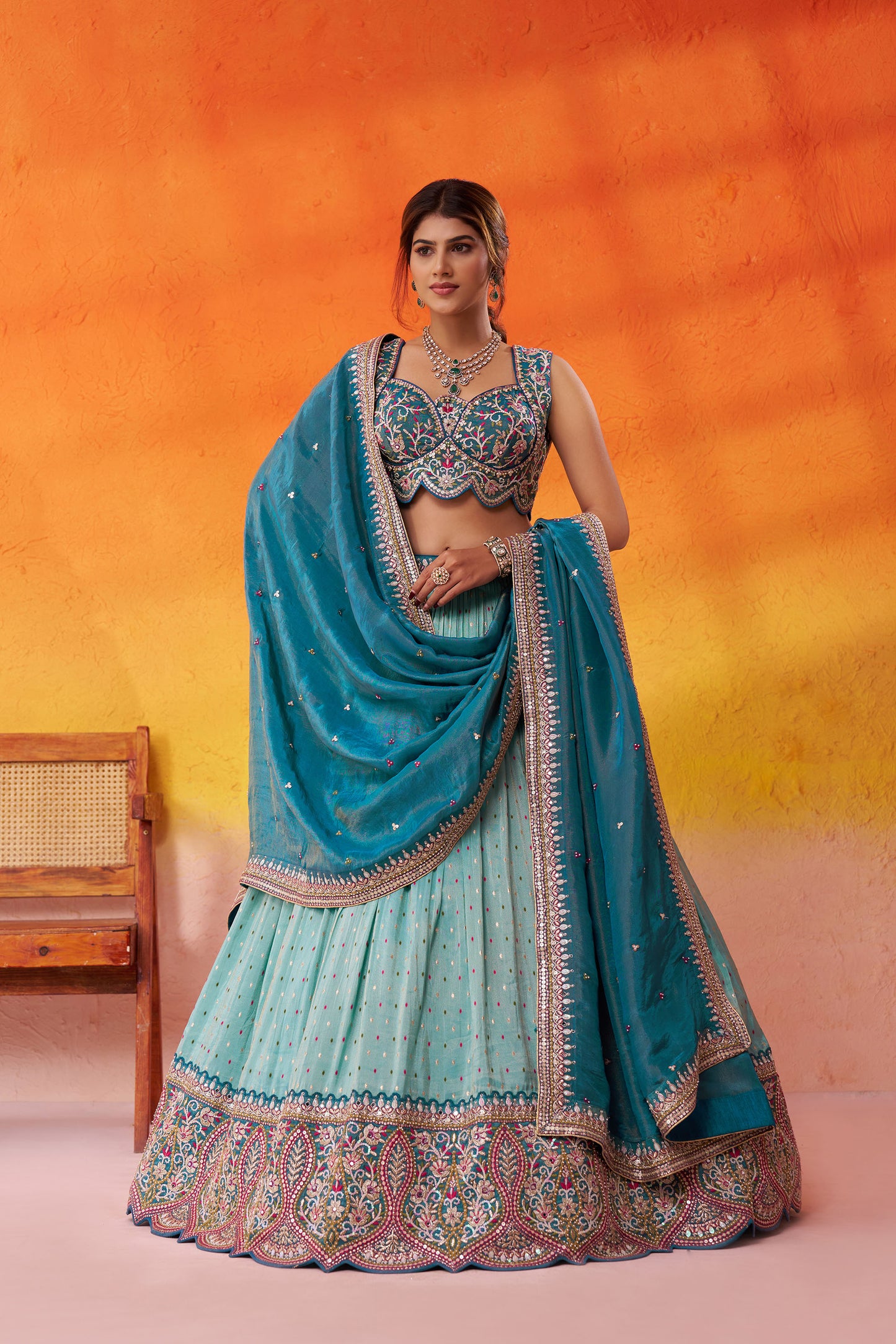Turquoise Blue Jacquard Tissue Sequins Thread & Embroidery Wedding Guest Lehenga