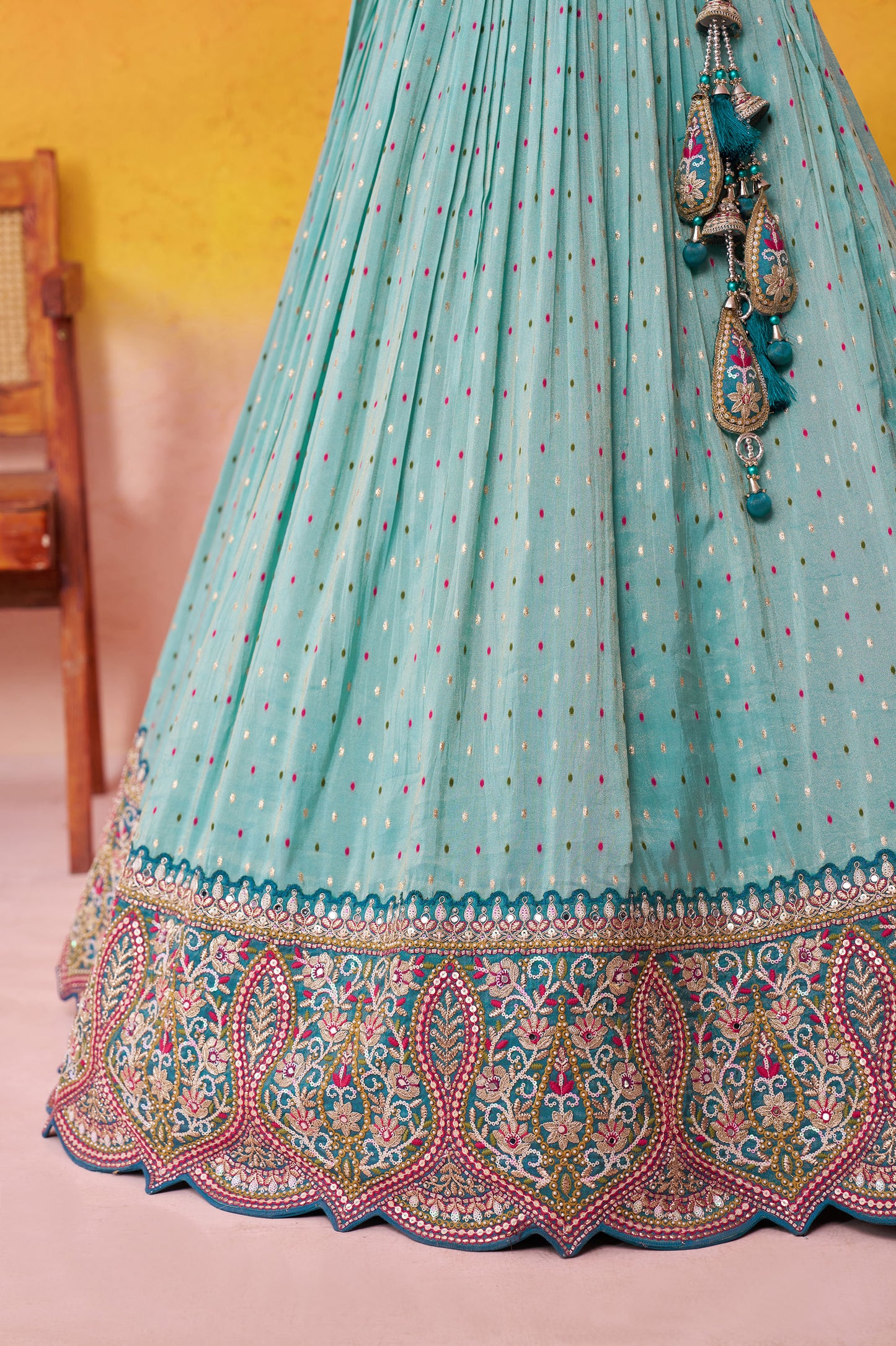 Turquoise Blue Jacquard Tissue Sequins Thread & Embroidery Wedding Guest Lehenga