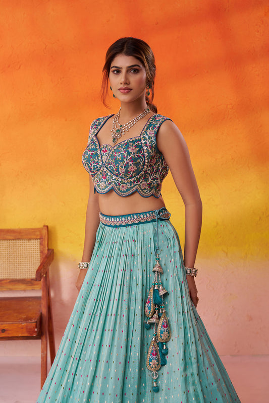 Turquoise Blue Jacquard Tissue Sequins Thread & Embroidery Wedding Guest Lehenga