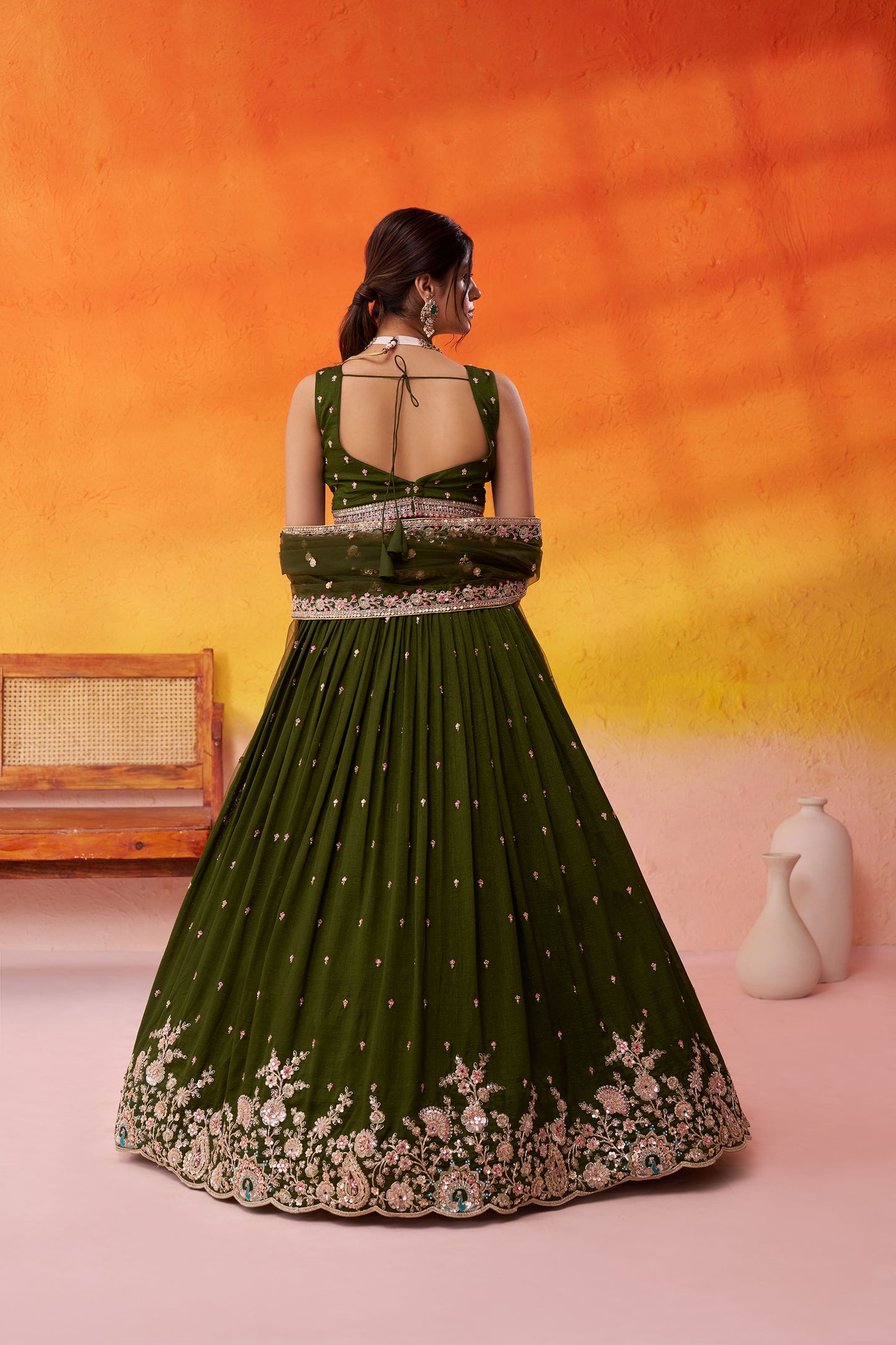 Olive Green Georgette Sequins,Thread & Embroidery Mehendi Lehenga