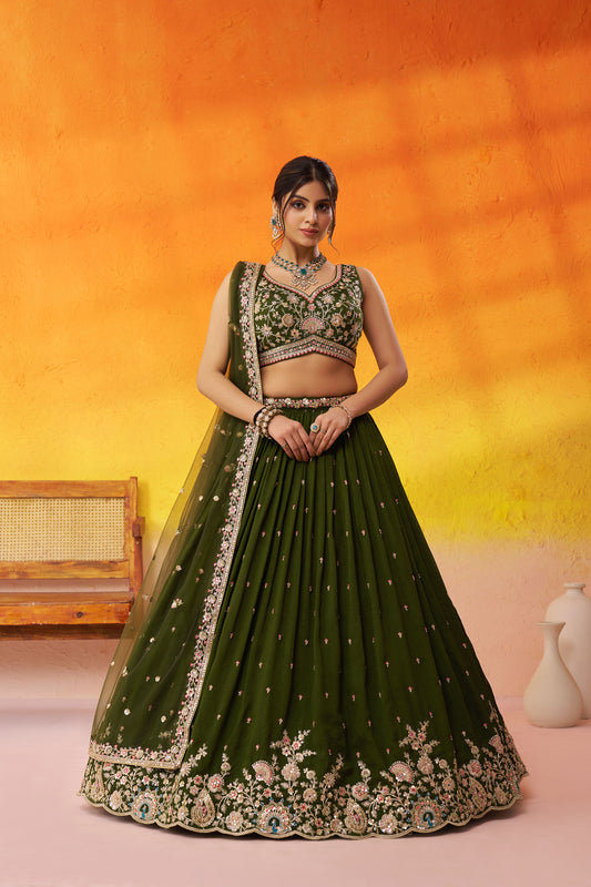 Olive Green Georgette Sequins,Thread & Embroidery Mehendi Lehenga